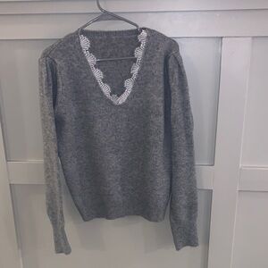 Grey V-Neck Sweater with Lace Trim